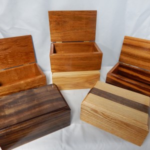 Display of Hardwood boxes with hinged tops